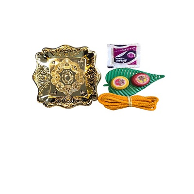 Mini plate with betal nut,leaf kumkum & manjal,yellow thread